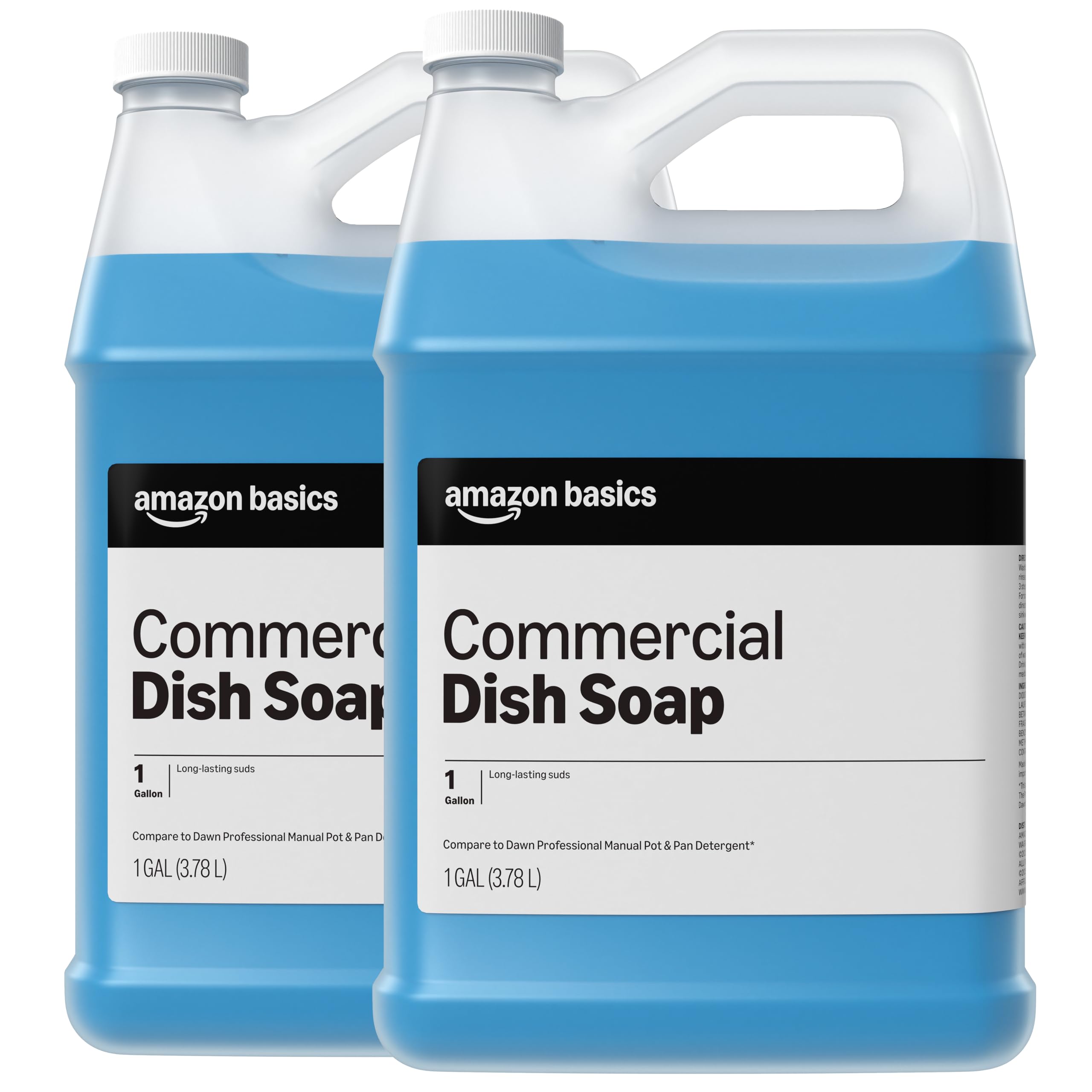 Amazon Basics commercial dish soap bottle with clear label and long-lasting suds for busy kitchens.