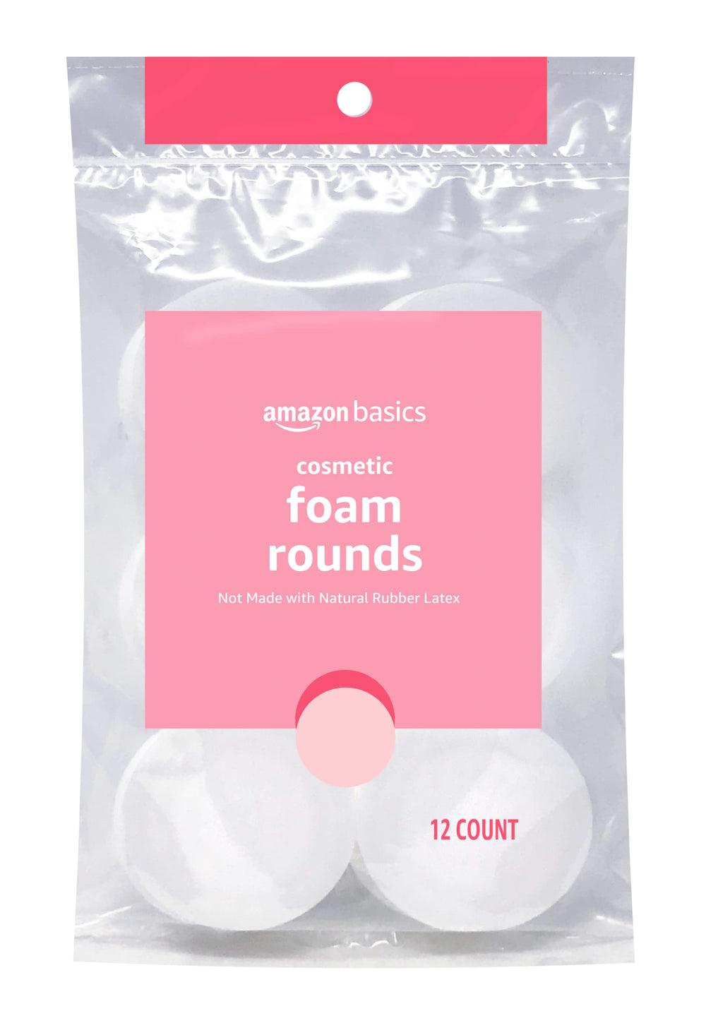 Amazon Basics Cosmetic Foam Rounds packaging and 12-count container for easy access