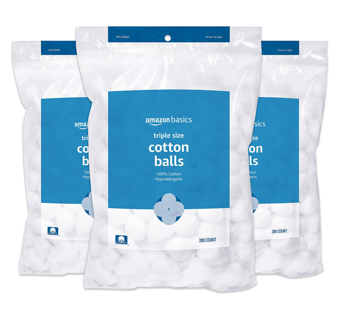 Amazon Basics cotton balls packaging showing bulk value.