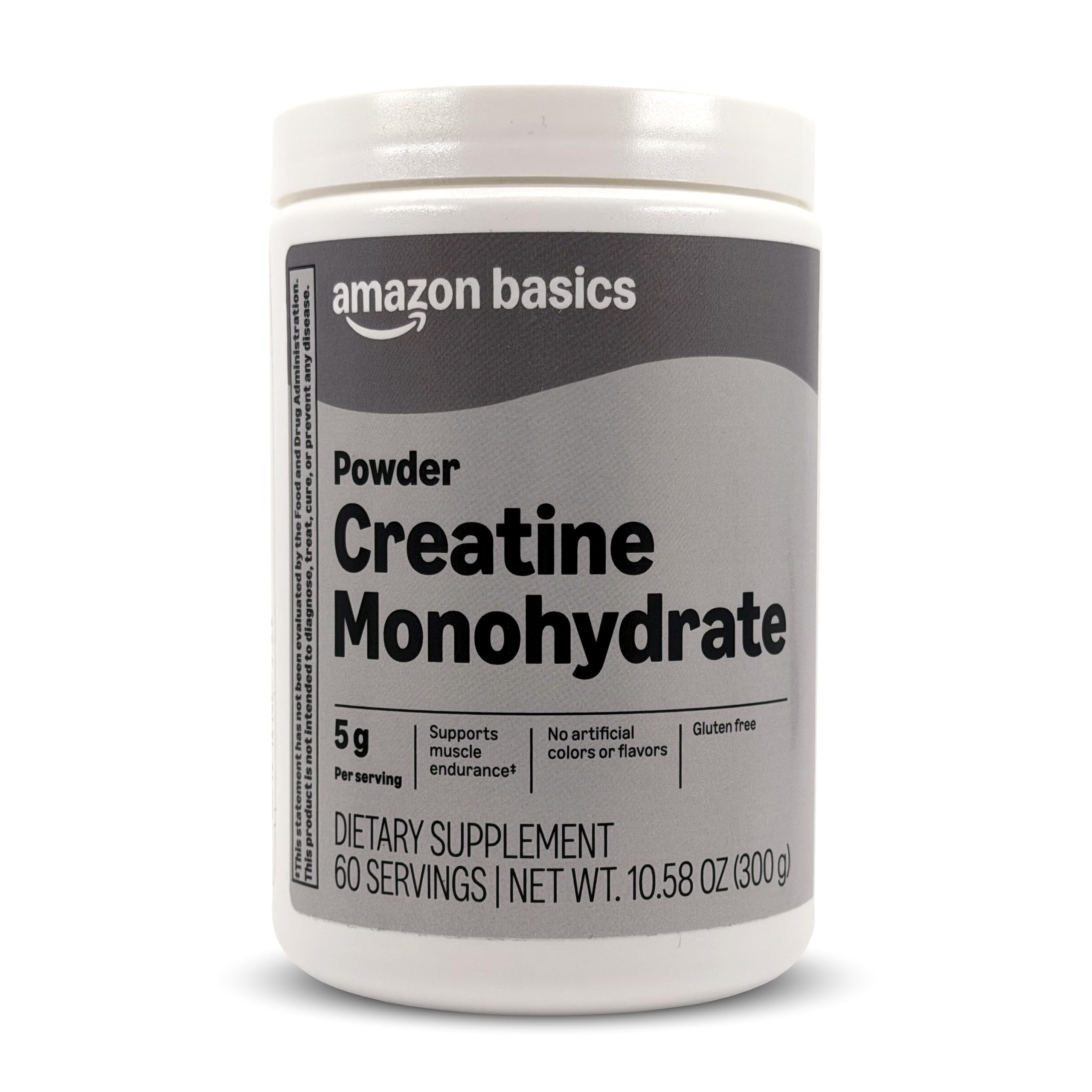 Amazon Basics creatine monohydrate powder container shown for endurance and strength support.