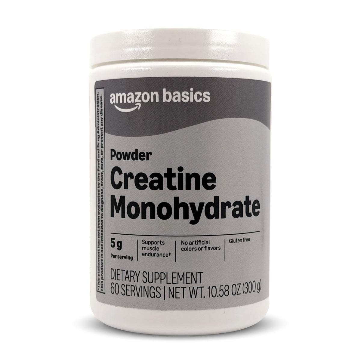 Amazon Basics creatine monohydrate powder container shown for endurance and strength support.