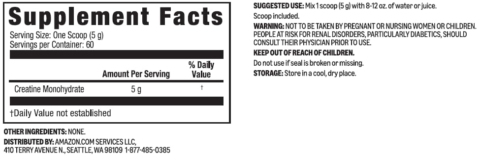 Amazon Basics creatine monohydrate powder label highlights gluten-free, no artificial ingredients.