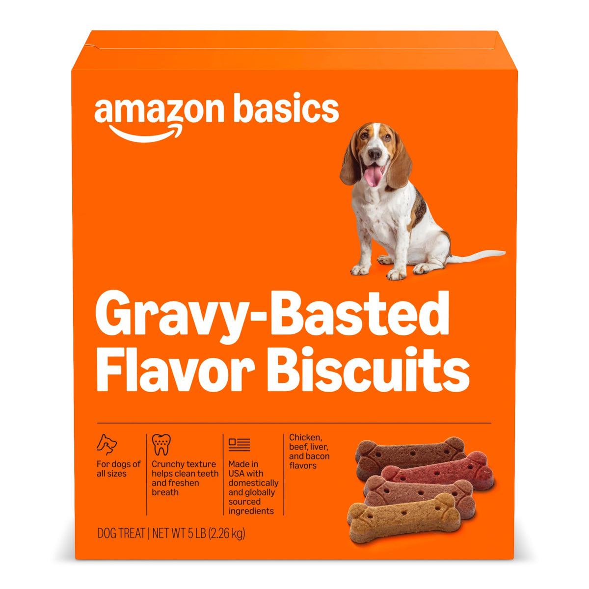 Amazon Basics Crunchy Dog Biscuits gravy-basted package; ideal for training rewards.