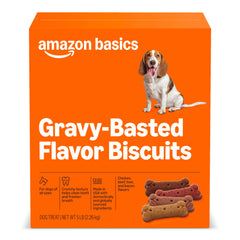 Amazon Basics Crunchy Dog Biscuits gravy-basted package; ideal for training rewards.