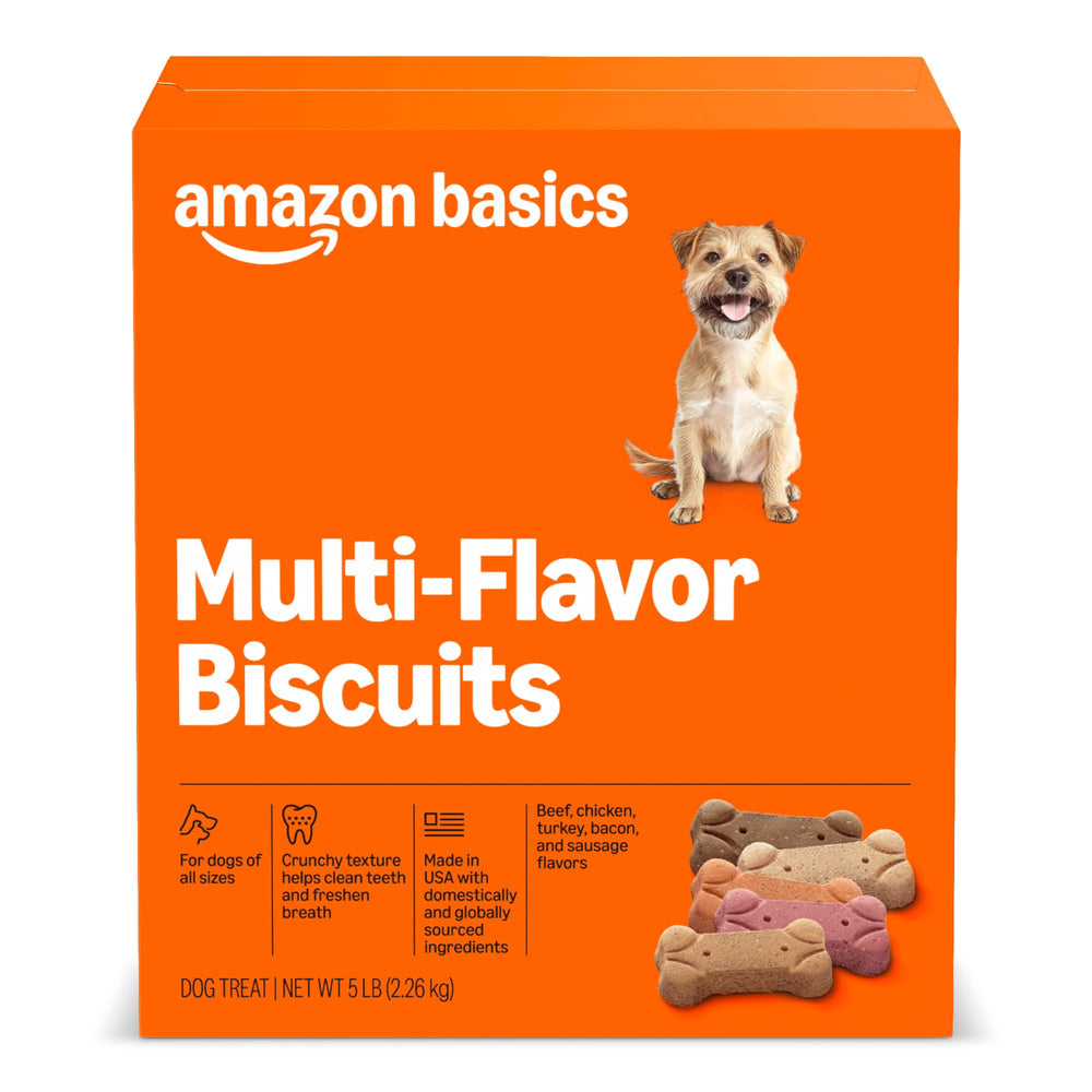 Amazon Basics Crunchy Dog Biscuits multi flavor bag shown for variety and rewards.