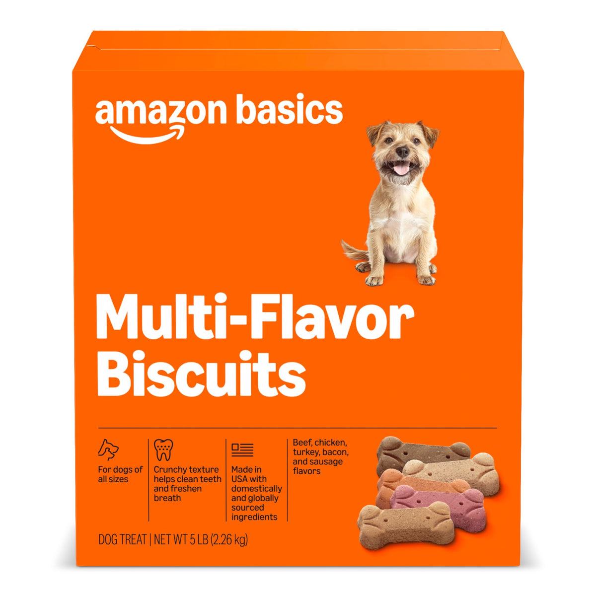 Amazon Basics Crunchy Dog Biscuits multi flavor bag shown for variety and rewards.