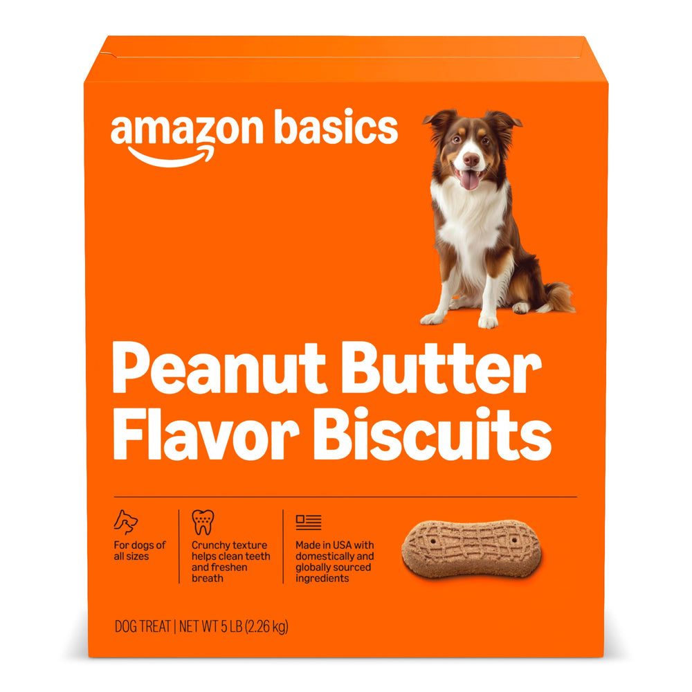 Amazon Basics Crunchy Dog Biscuits packaging in a 5 lb box, ideal for daily rewards.