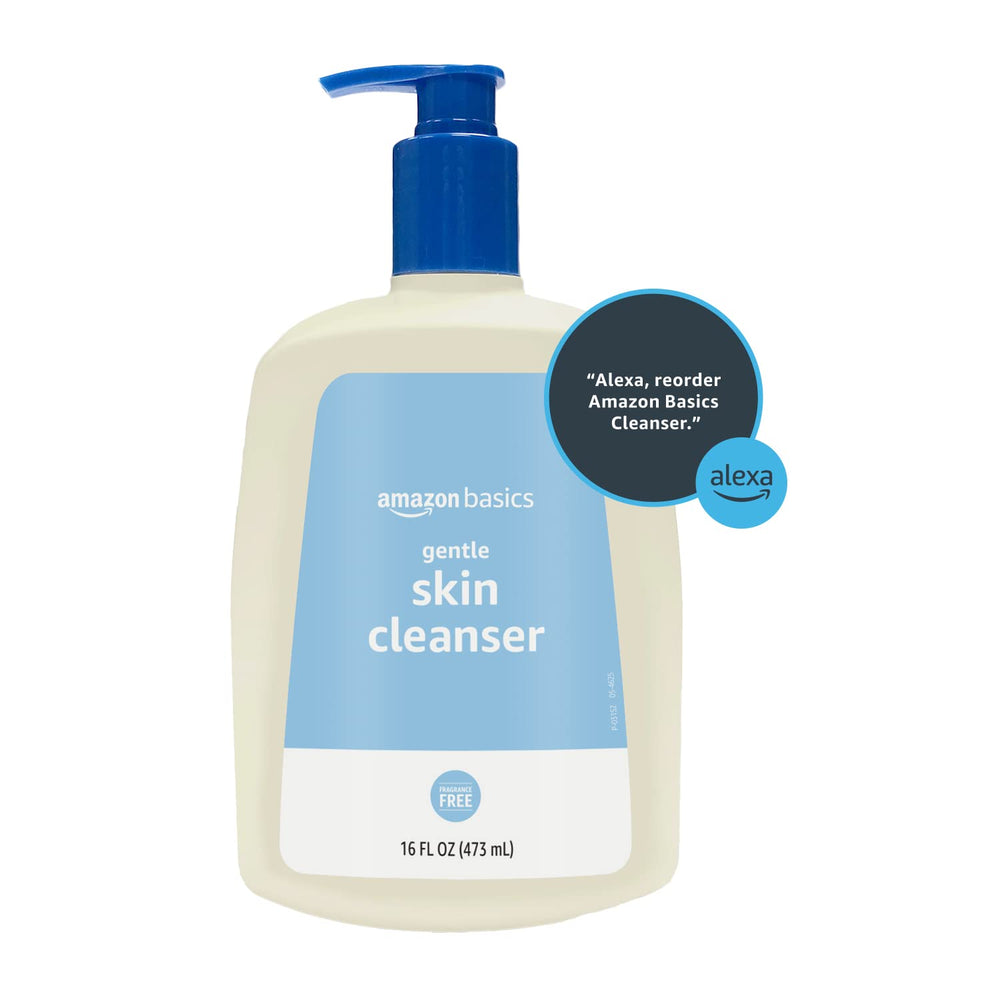 Flat lay of 16 oz Amazon Basics Daily Facial Cleanser for simple routines.