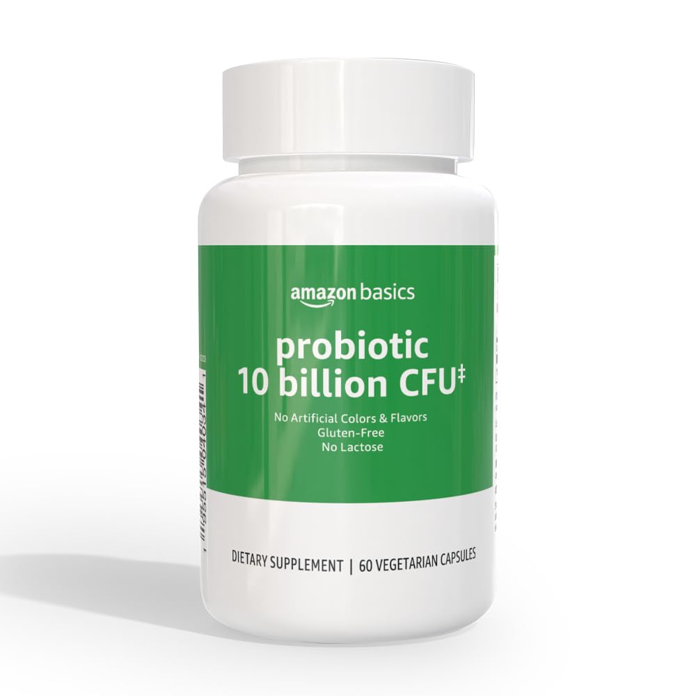 Amazon Basics Daily Probiotic bottle with 60 vegetarian capsules for daily digestive support.