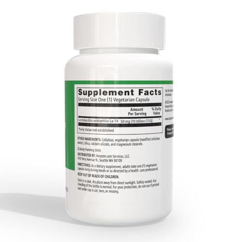 Amazon Basics probiotic label front highlights 10B CFU per capsule.