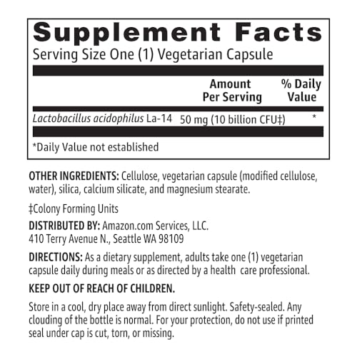 Amazon Basics probiotic serving size image shows daily capsule dose.