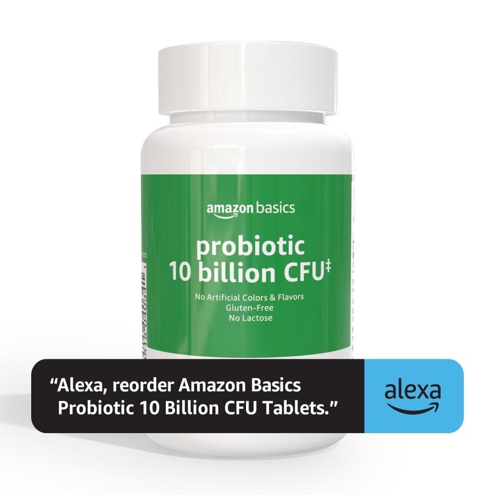 Amazon Basics probiotic bottle on shelf demonstrates two month supply.
