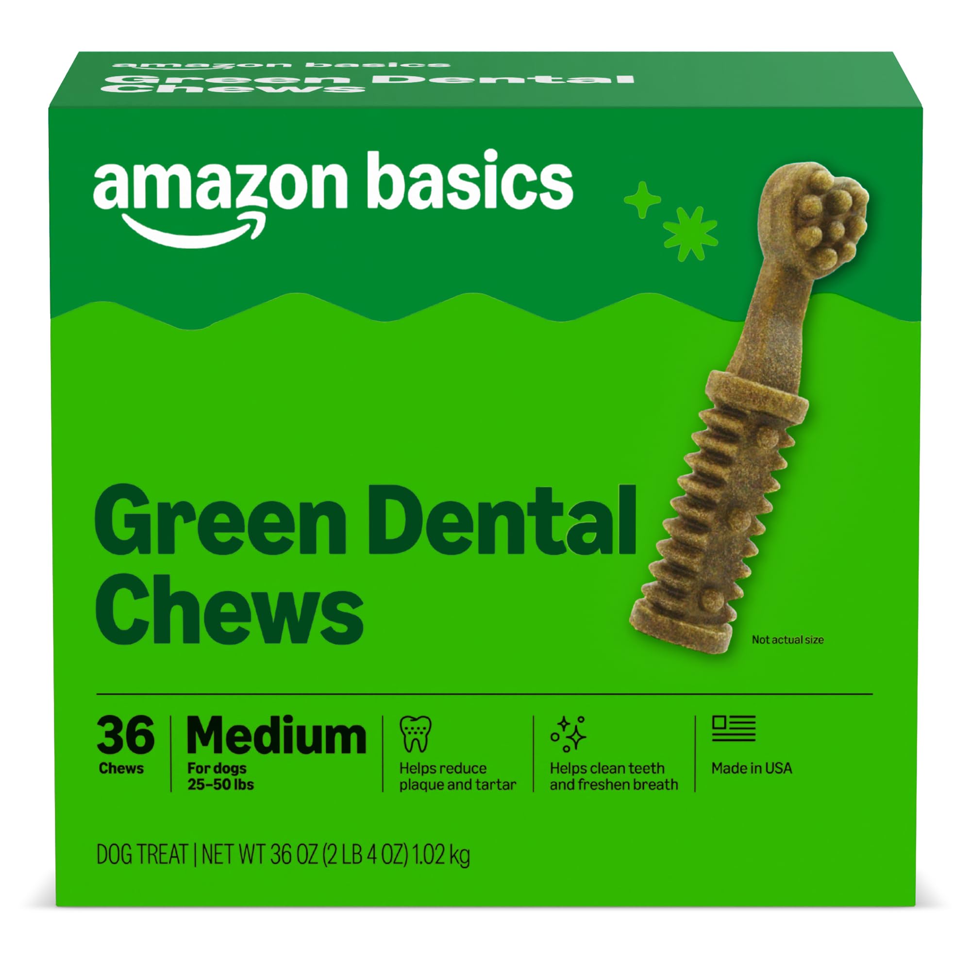 Amazon Basics dental dog treats medium pack 36-count for clean teeth and fresh breath.