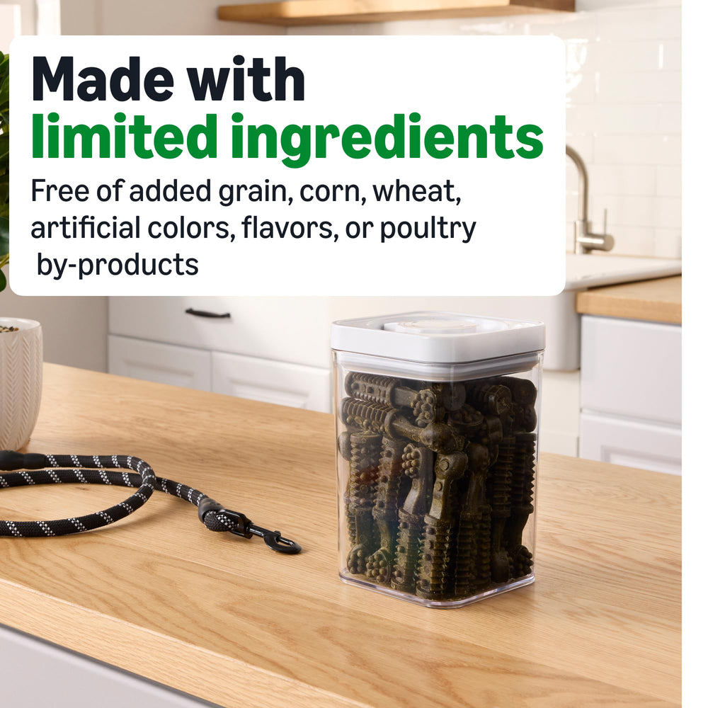 Amazon Basics dental dog treats packaging non-BPA for safer storage.