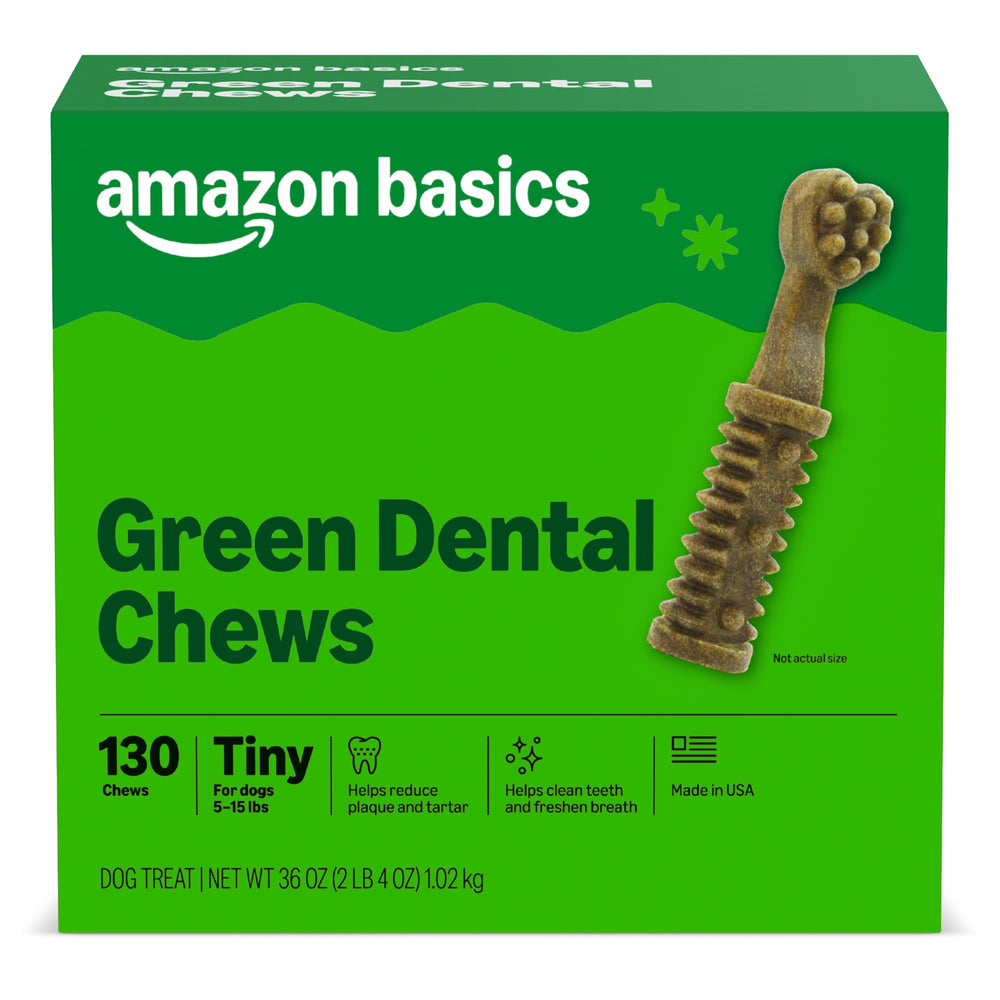 Amazon Basics Dental Dog Treats packaging shows trusted brand for pet oral care