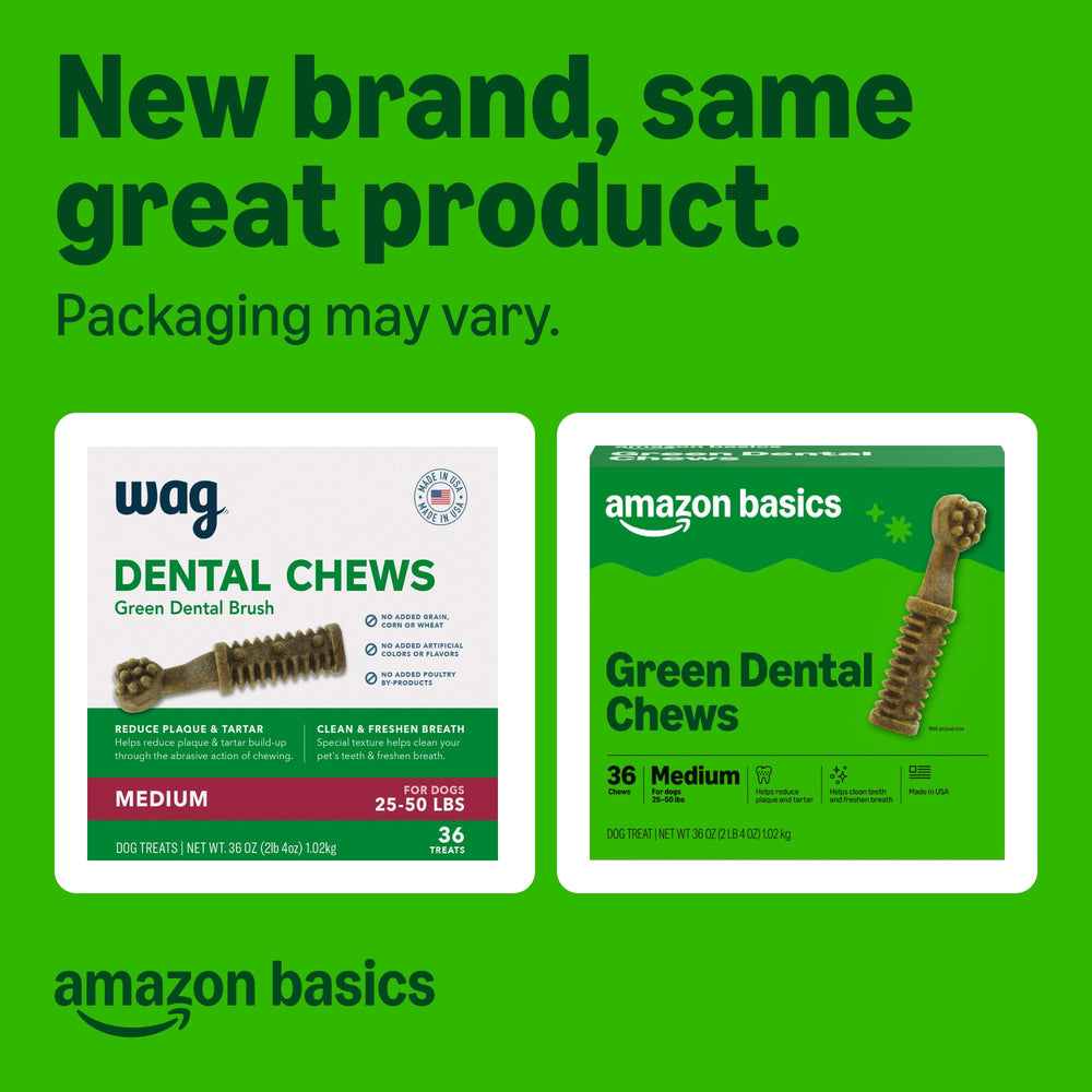 Amazon Basics dental dog treats textured chews aid plaque reduction during chewing.