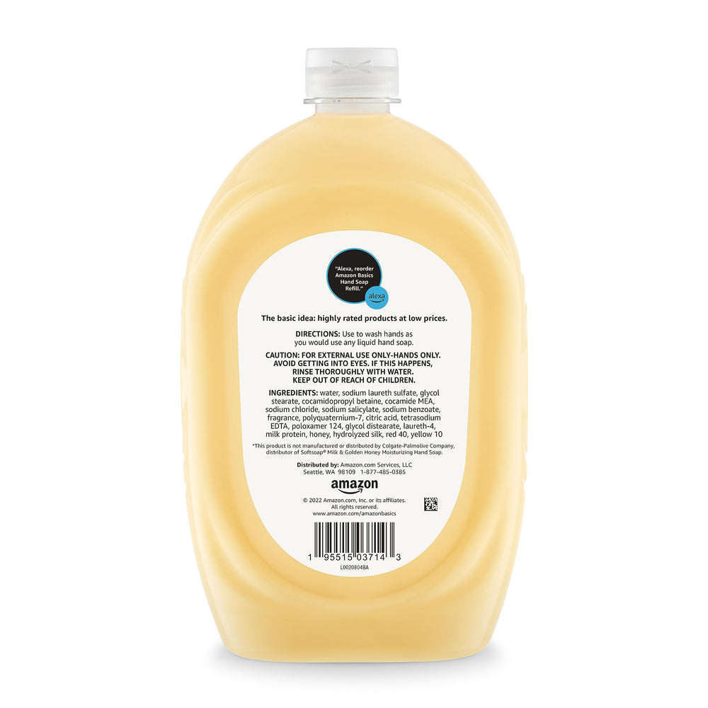 Amazon Basics hand soap refill emphasizes dermatologist-tested, skin-friendly formula.