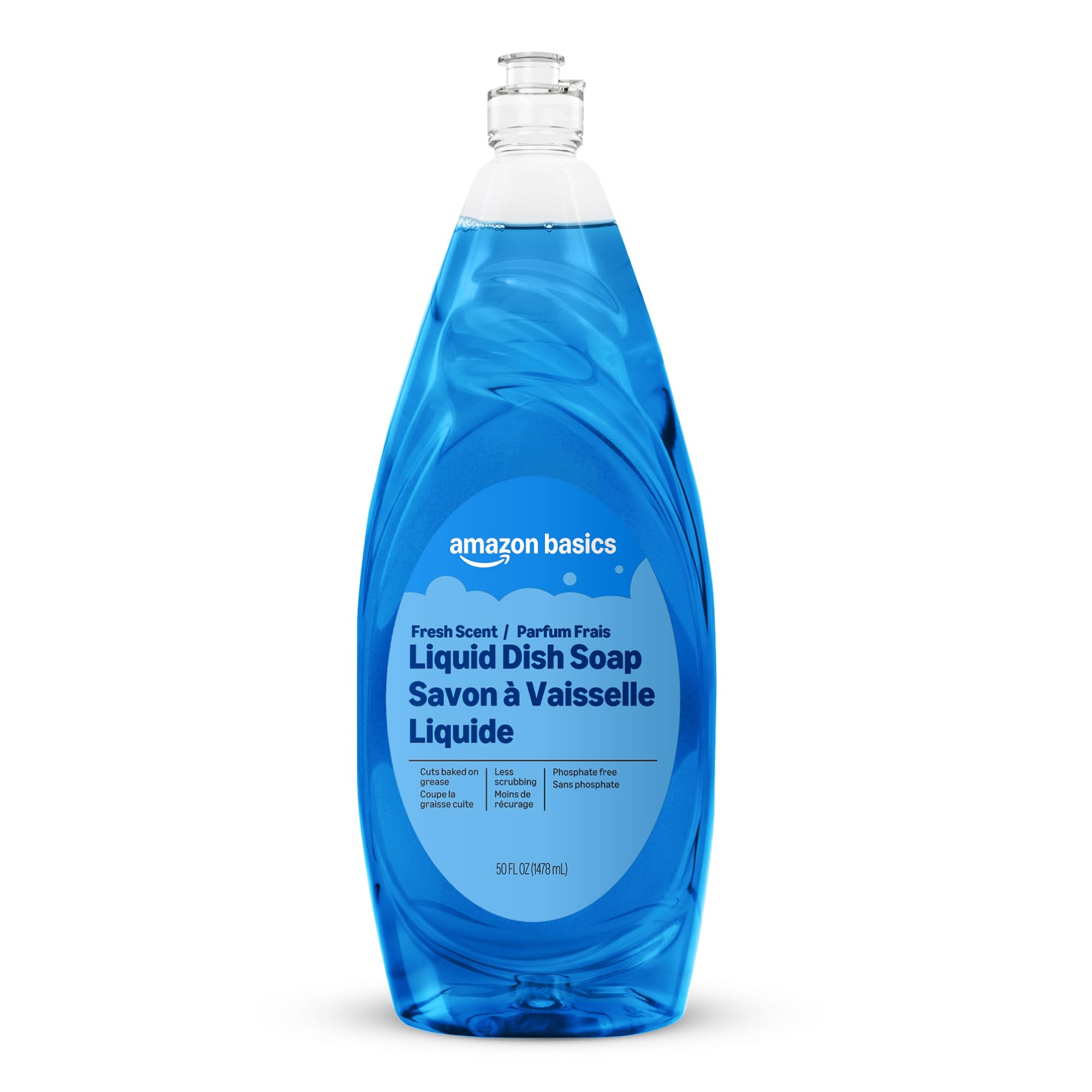 Amazon Basics dish soap bottle pour demonstrates grease-cutting action for clean dishes.