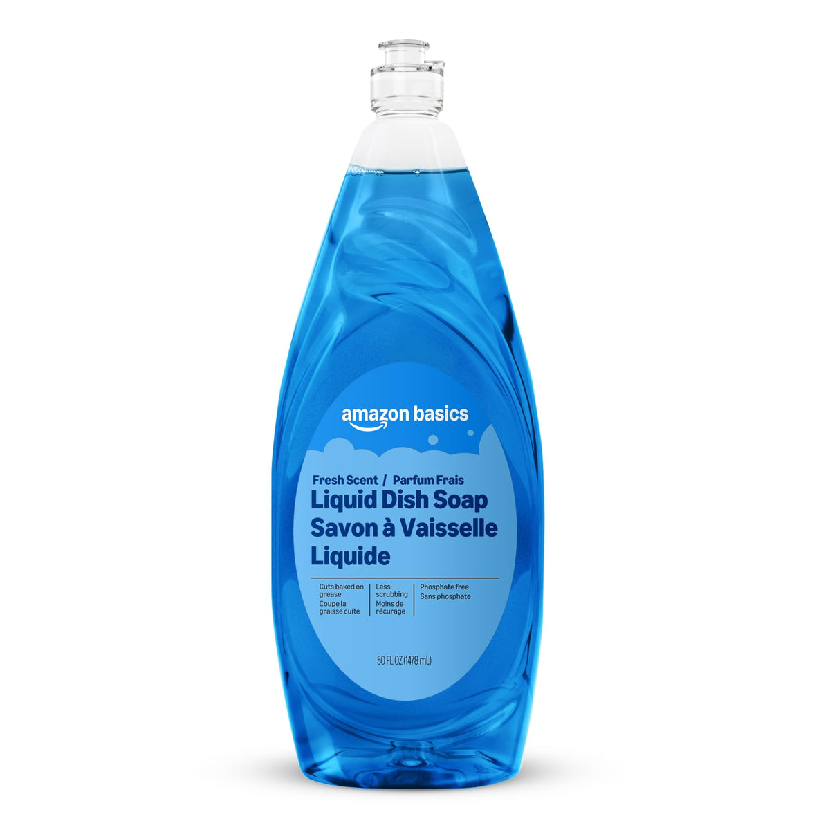 Amazon Basics dish soap bottle pour demonstrates grease-cutting action for clean dishes.