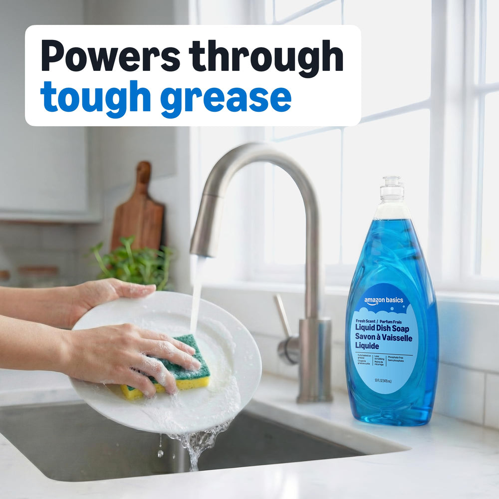 Amazon Basics dish soap bubbles over dishes for sparkling glassware.