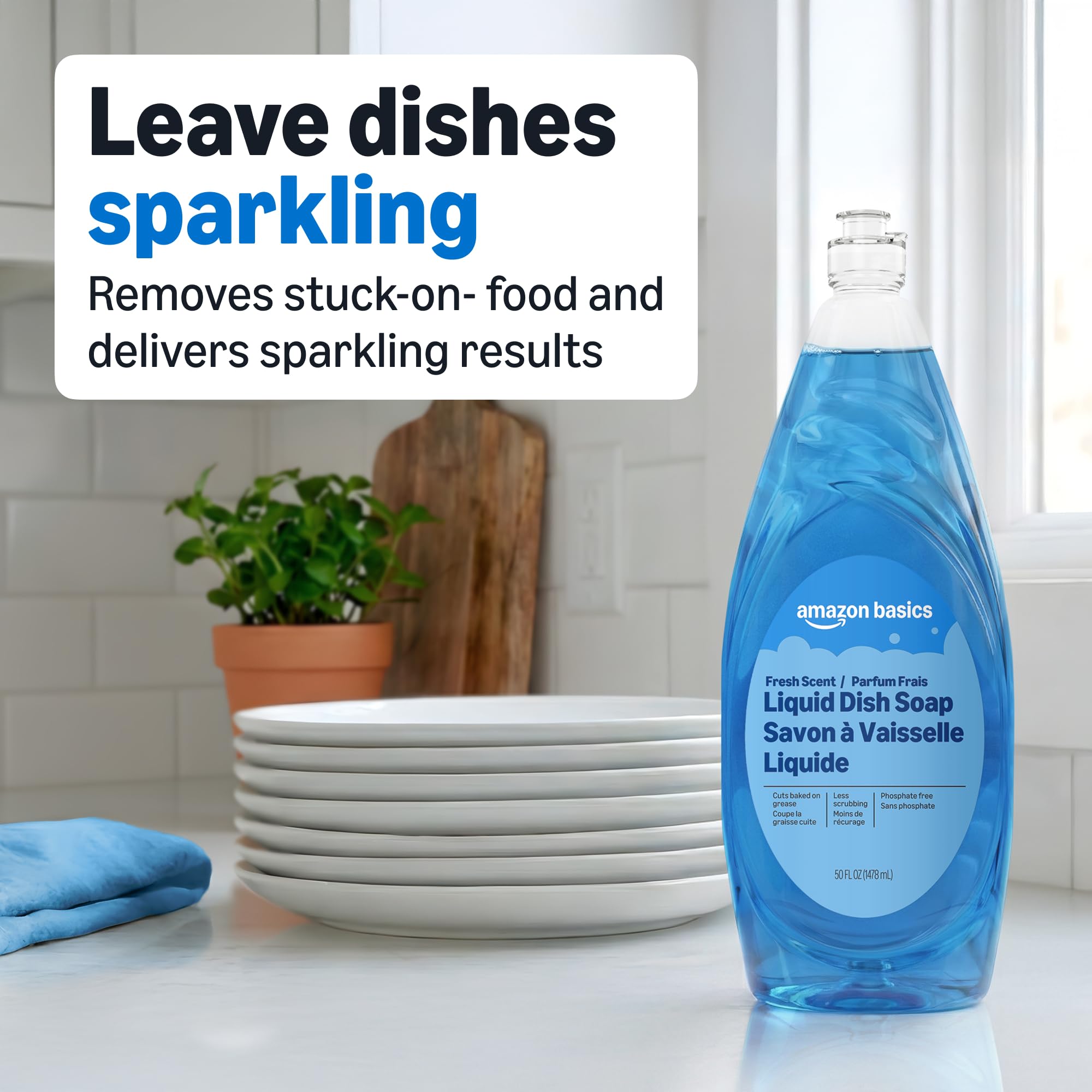 Amazon Basics dish soap at kitchen sink shows quick grease-cutting power.