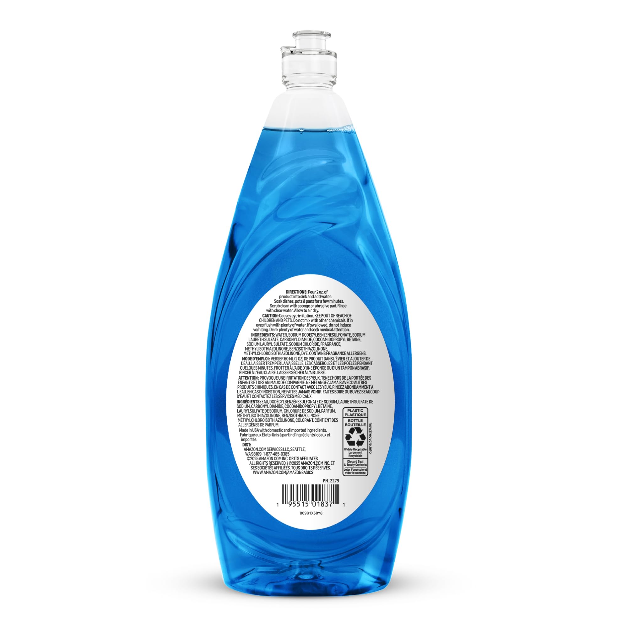 Amazon Basics dish soap label view emphasizes long-lasting 50 oz packaging.