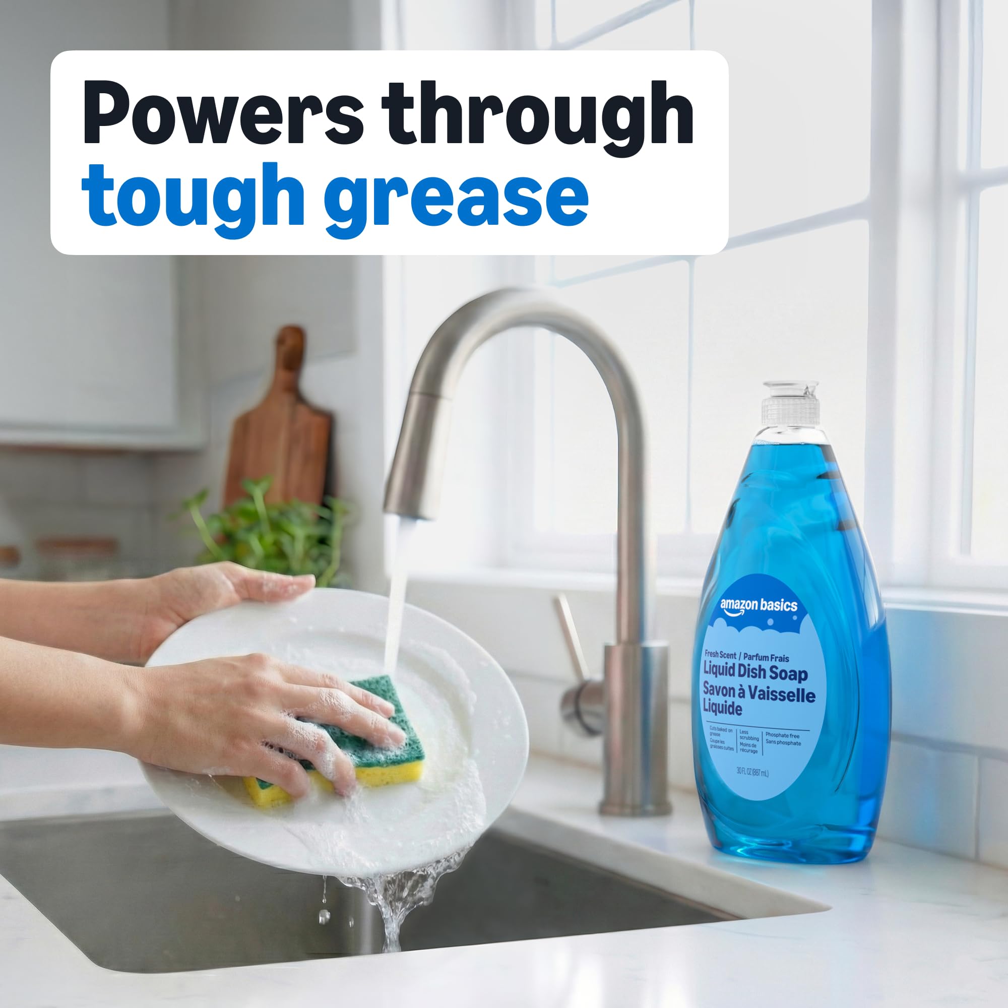 Amazon Basics dish soap bottle with fresh scent for daily kitchen cleaning.