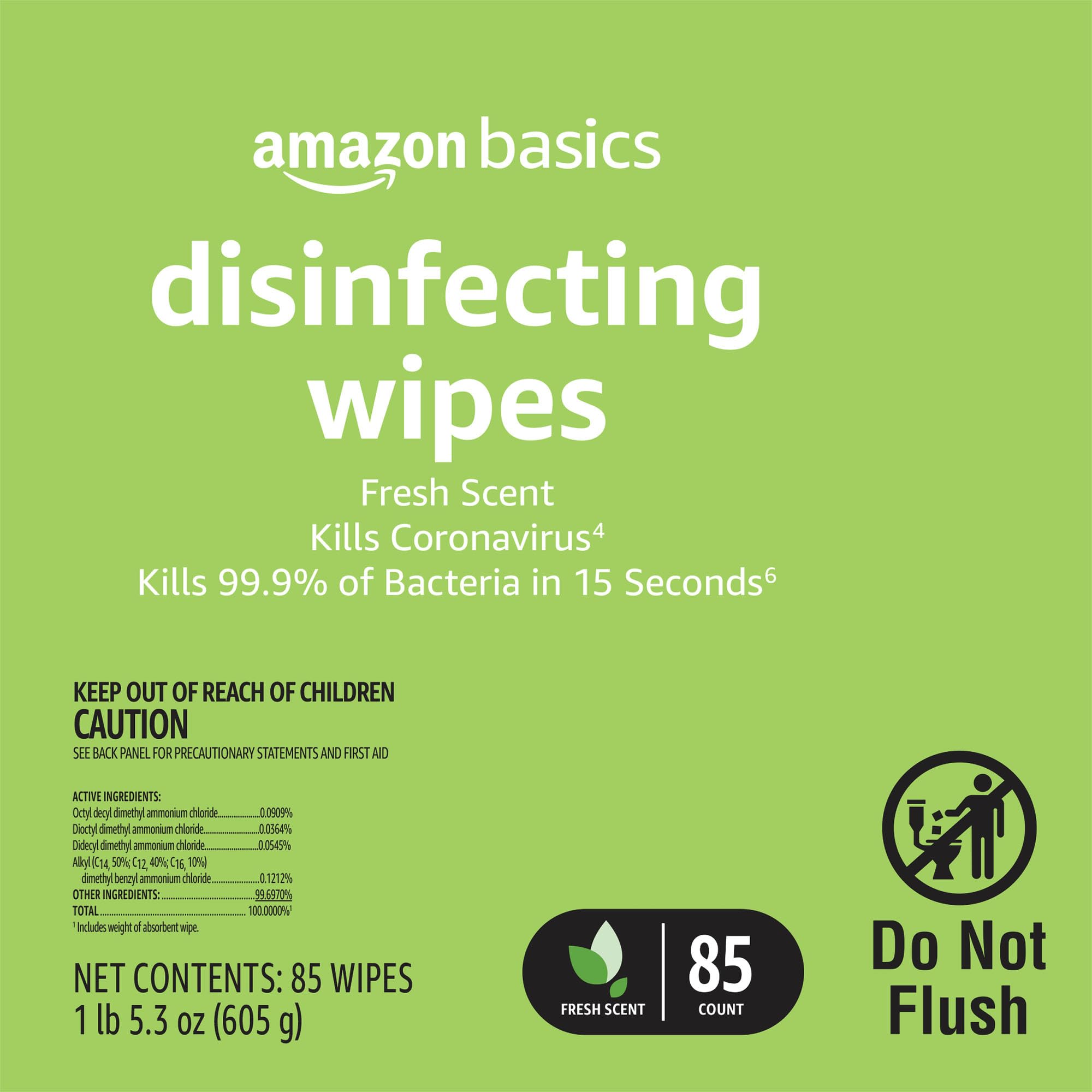 Amazon Basics Disinfecting Wipes used on countertops and remotes for fast cleanup.