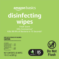 Amazon Basics Disinfecting Wipes used on countertops and remotes for fast cleanup.