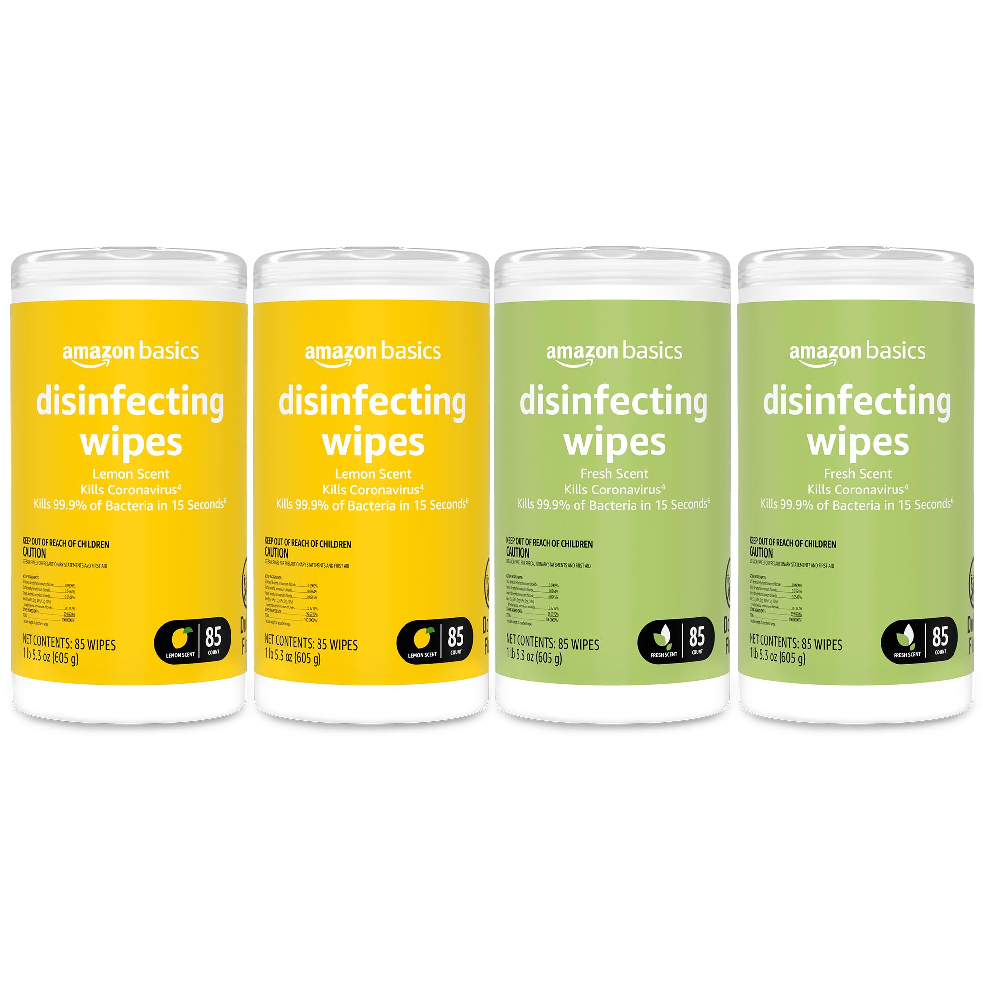 Amazon Basics Disinfecting Wipes lemon scent canister for quick surface cleaning and deodorizing.