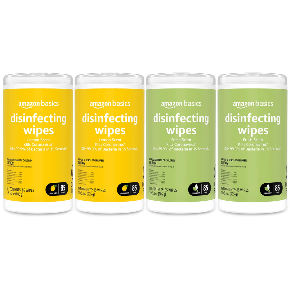Amazon Basics Disinfecting Wipes lemon scent canister for quick surface cleaning and deodorizing.
