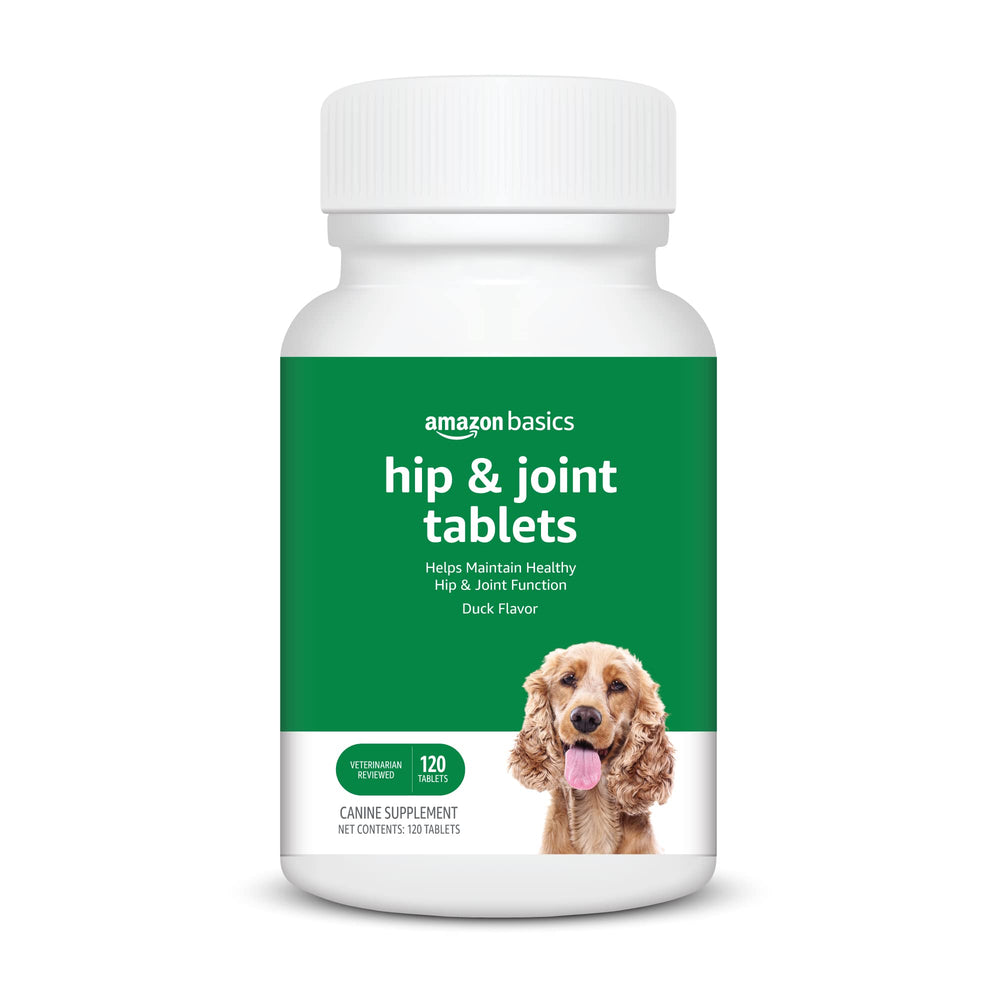 Amazon Basics dog hip and joint chewable bottle supports daily mobility for dogs.