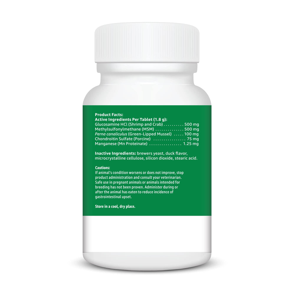Amazon Basics chewable tablets closeup highlights glucosamine, MSM, and chondroitin.