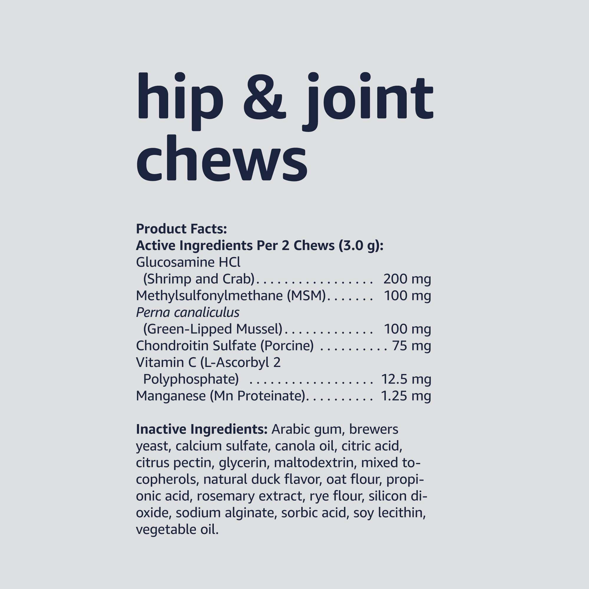 Dog chewing an Amazon Basics hip joint chew for easy daily intake.