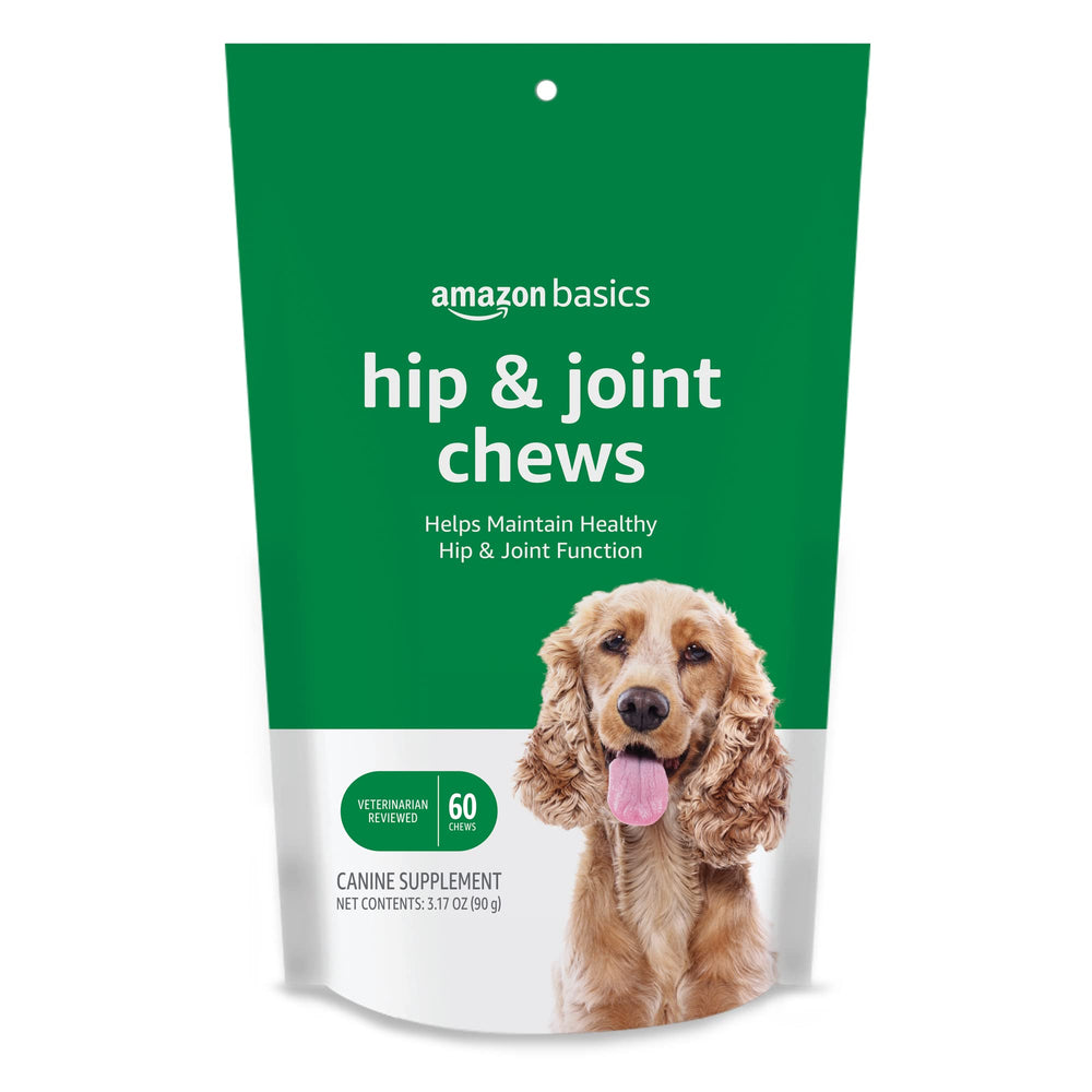 Amazon Basics dog hip and joint chews in duck flavor bag for easy daily supplementation.