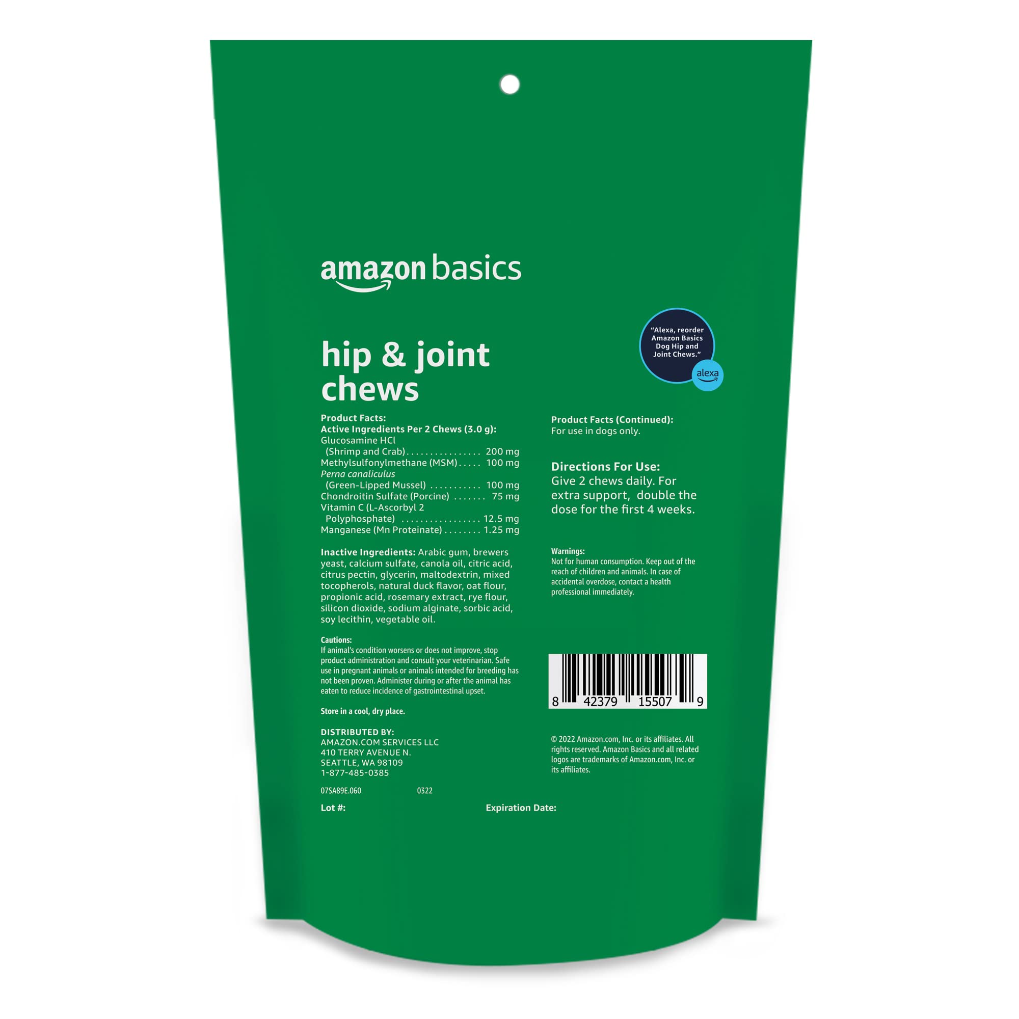 Close-up of glucosamine and MSM ingredients in Amazon Basics hip joint chews.