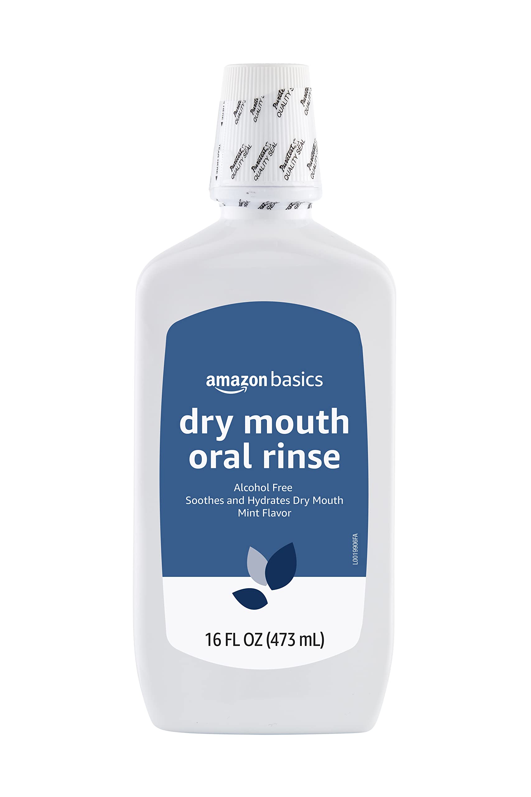 Amazon Basics Dry Mouth Oral Rinse bottle highlights alcohol-free mint formula for hydration