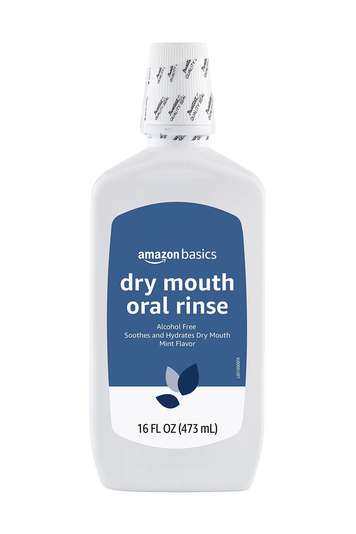 Amazon Basics Dry Mouth Oral Rinse bottle highlights alcohol-free mint formula for hydration