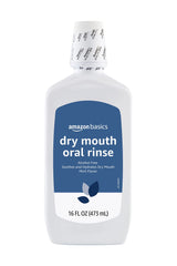 Amazon Basics Dry Mouth Oral Rinse bottle highlights alcohol-free mint formula for hydration