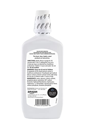 Amazon Basics Dry Mouth Oral Rinse label emphasizes alcohol-free formula for sensitive mouths