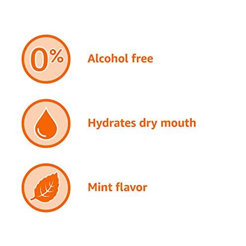 Mint flavor swirl on Amazon Basics Dry Mouth Oral Rinse conveys refreshing taste