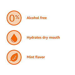 Mint flavor swirl on Amazon Basics Dry Mouth Oral Rinse conveys refreshing taste