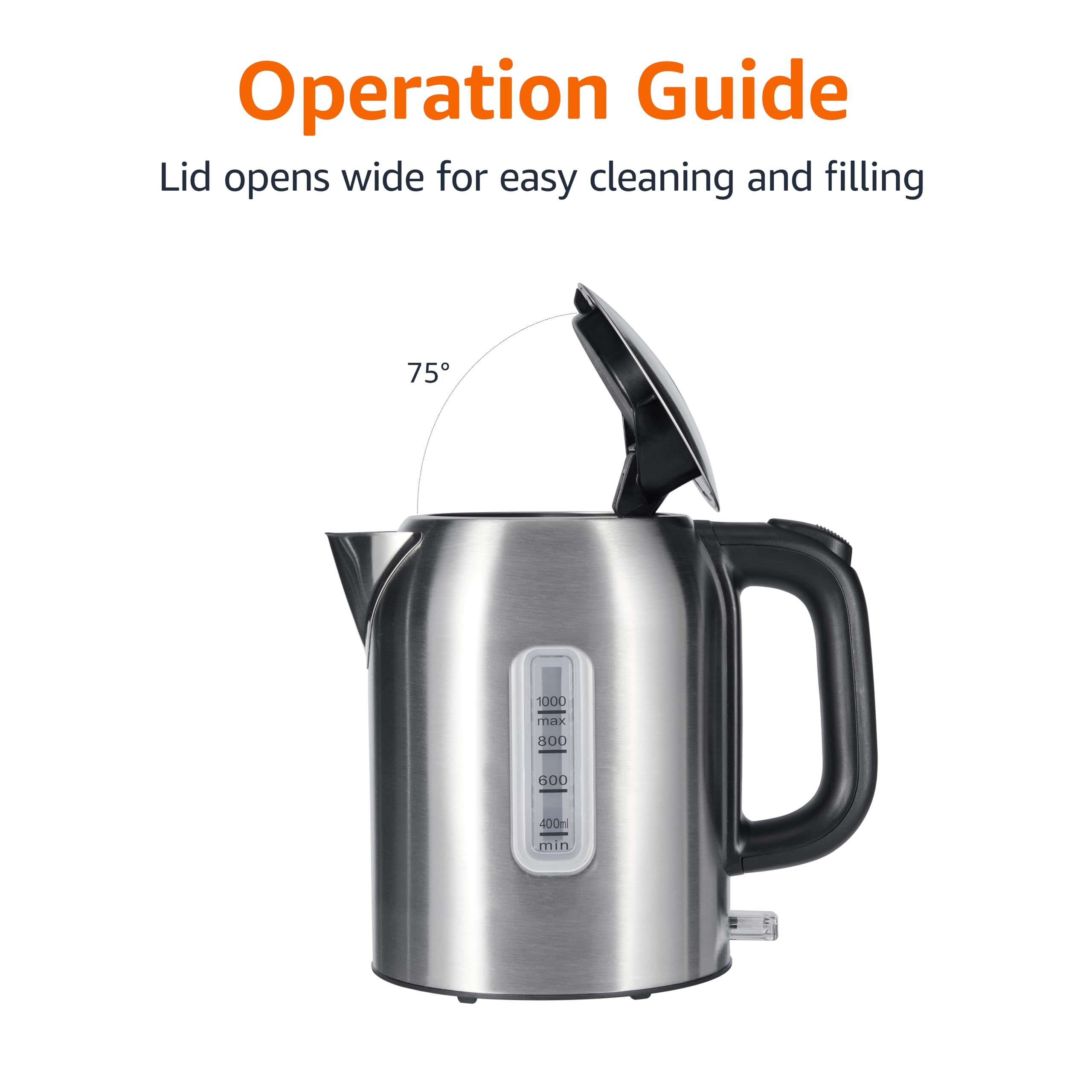 Amazon Basics Electric Kettle exterior with black and stainless finish fits kitchen style