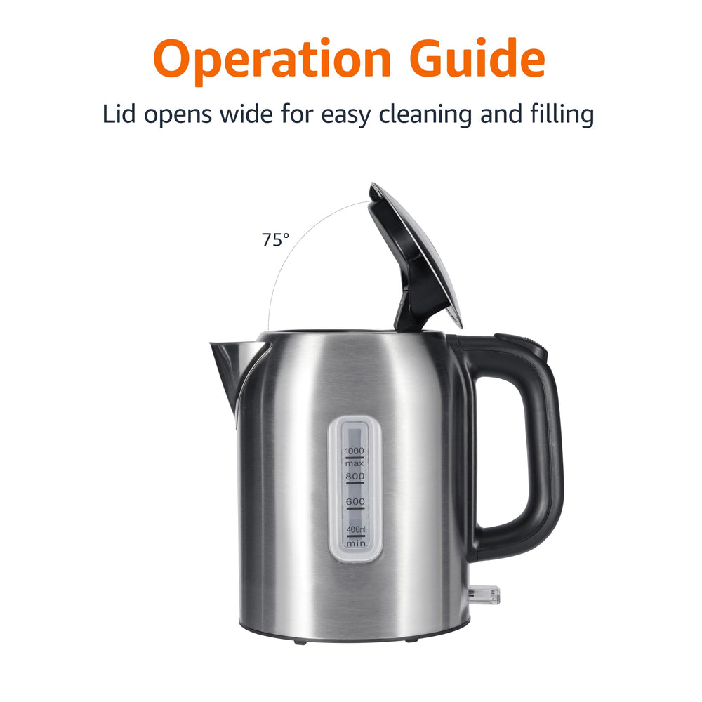 Amazon Basics Electric Kettle exterior with black and stainless finish fits kitchen style