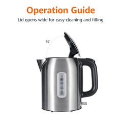 Amazon Basics Electric Kettle exterior with black and stainless finish fits kitchen style