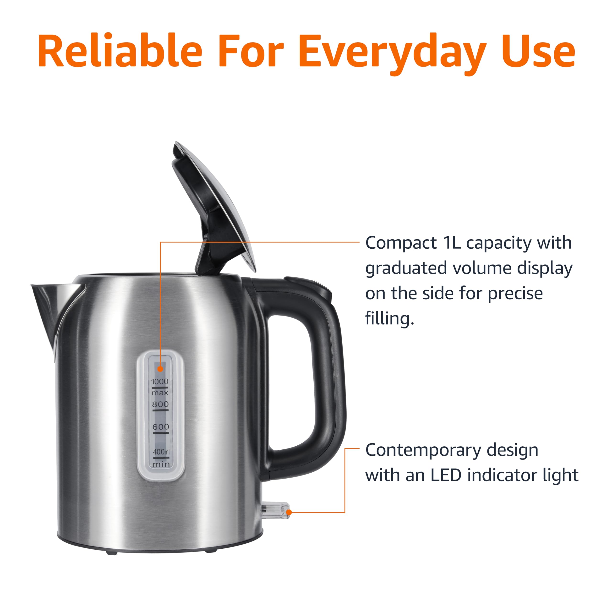 Amazon Basics Electric Kettle handle for safe, comfortable pouring
