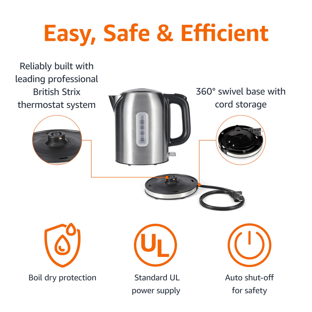 Amazon Basics Electric Kettle on base shows 360-degree swivel for easy serving