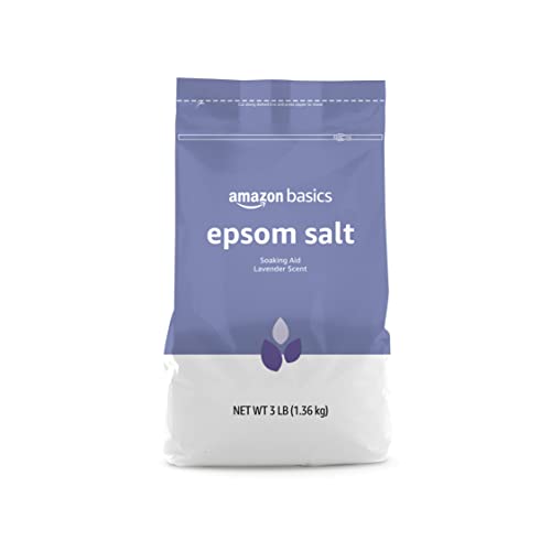 Close-up of Amazon Basics Epsom Salt Lavender crystals in a resealable bag