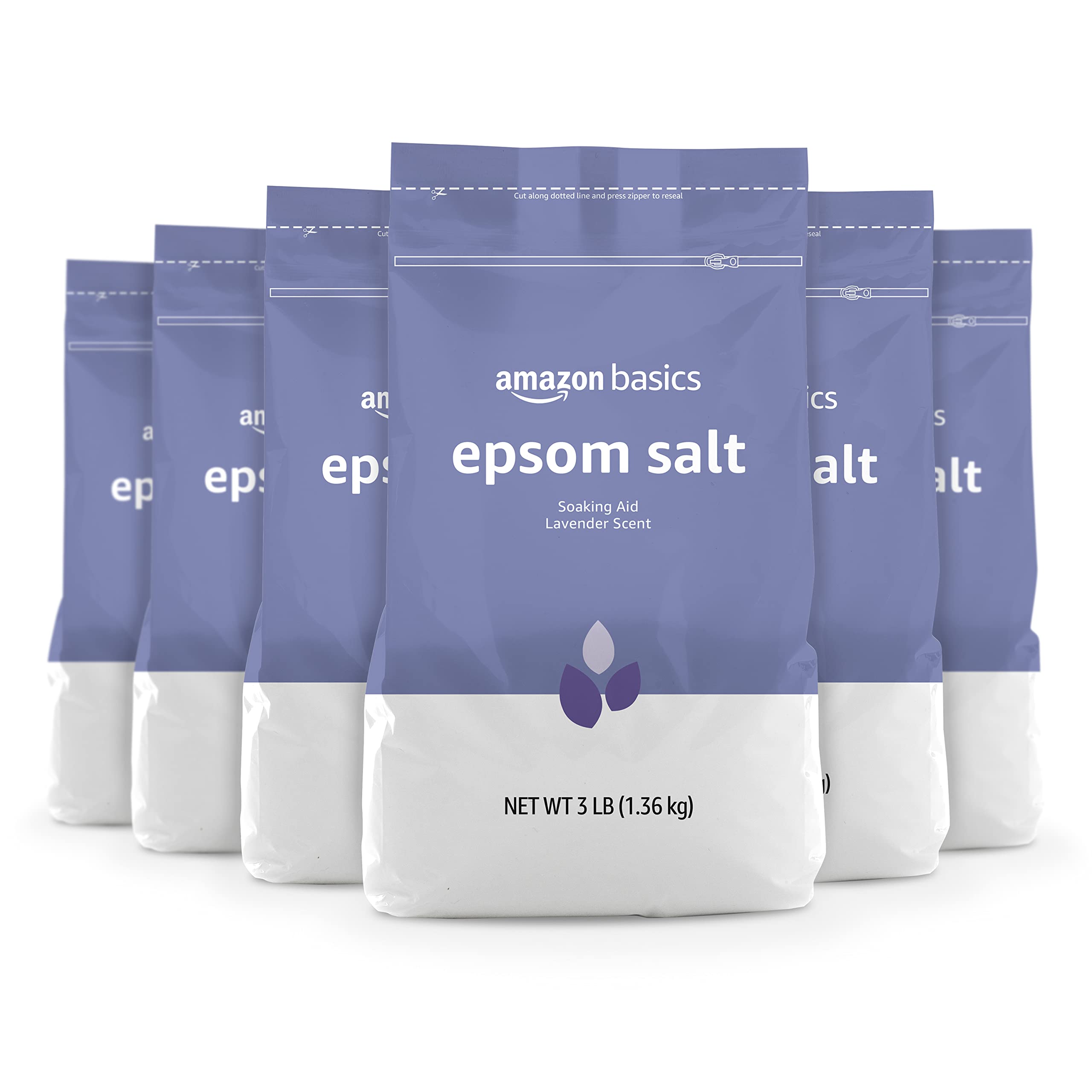 Amazon Basics Epsom Salt Lavender packaging with six resealable bags for convenient storage