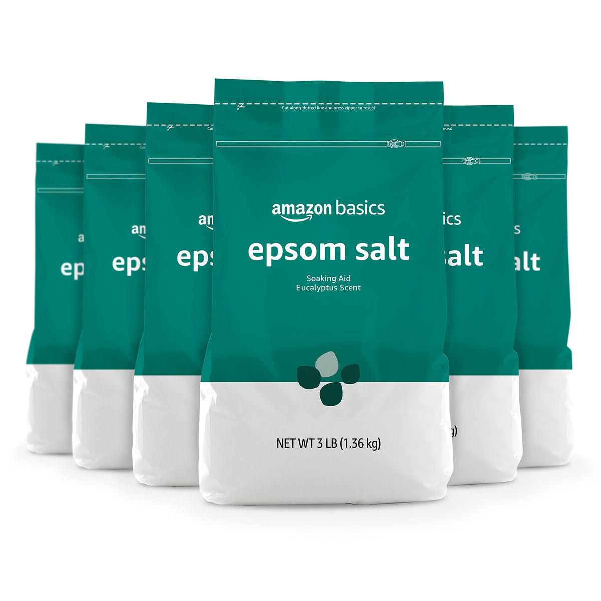 Amazon Basics Epsom Salt Soaking Aid front view with resealable bags.